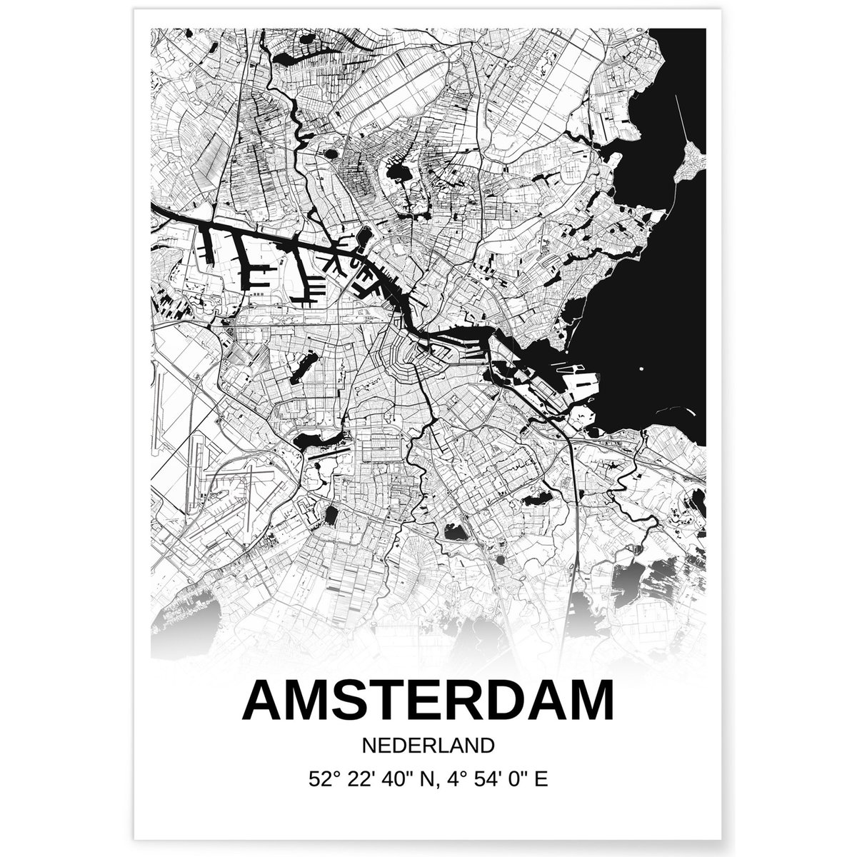 Affiche carte Amsterdam - rectangle Noir et Blanc blanc, L'AFFICHERIE