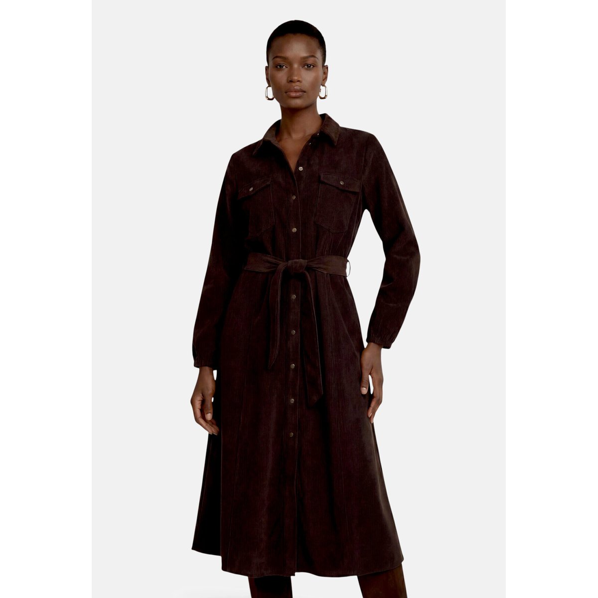 Robe en velours côtelé à ceinture à nouer black coffee, ZERO