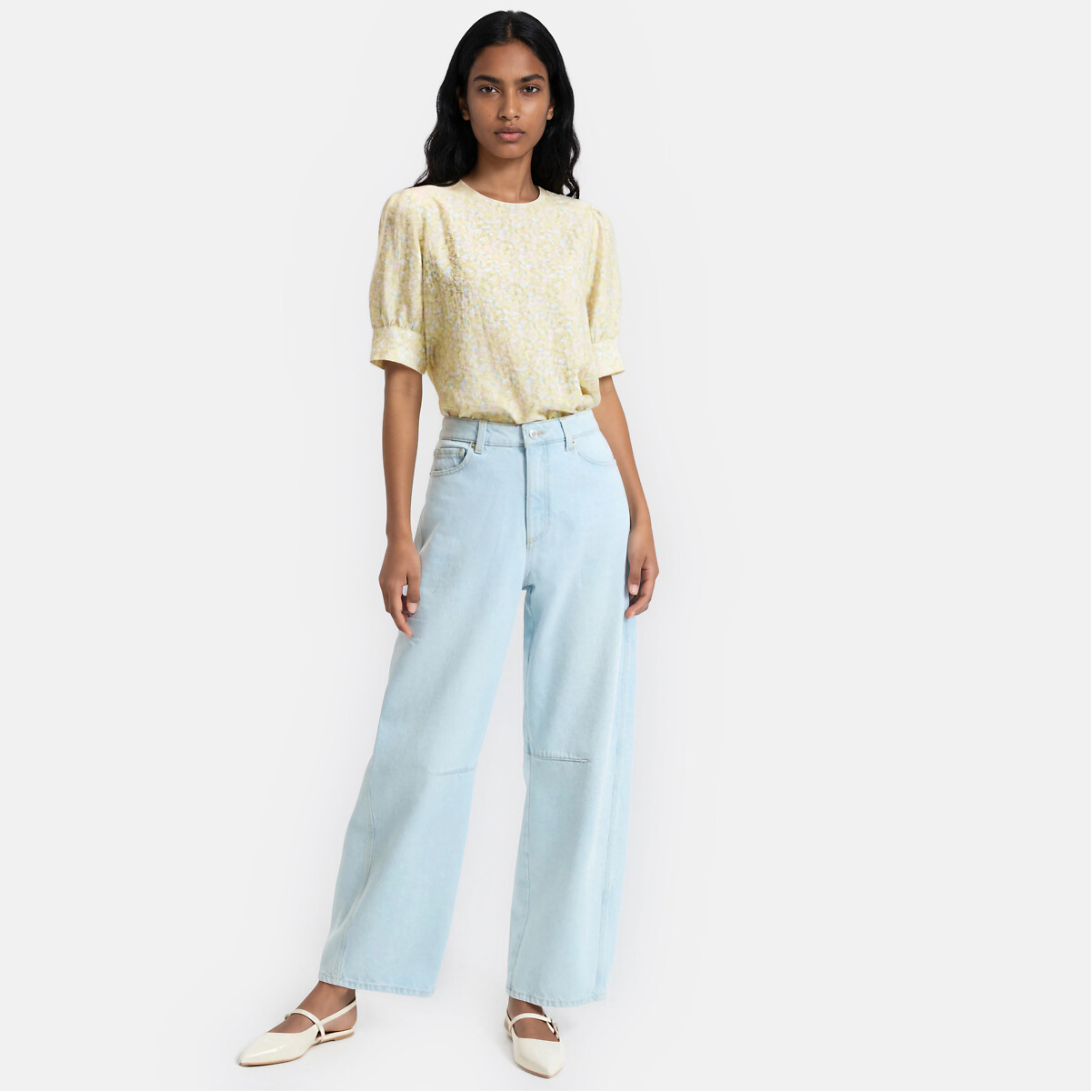 Floral Crew Neck Blouse with 3/4 Length Sleeves yellow floral print, LA REDOUTE COLLECTIONS