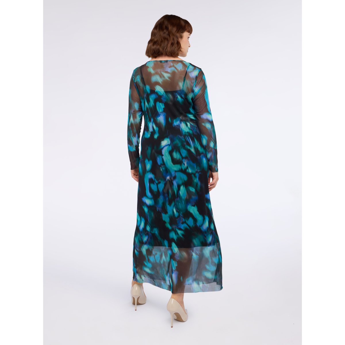 Robe longue en tulle avec imprimé dégradé petrol blue, FIORELLA RUBINO