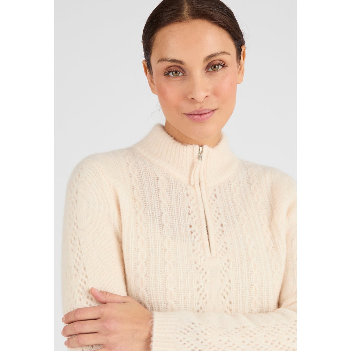 Pull col zippé mélange alpaga marron beige, DAMART
