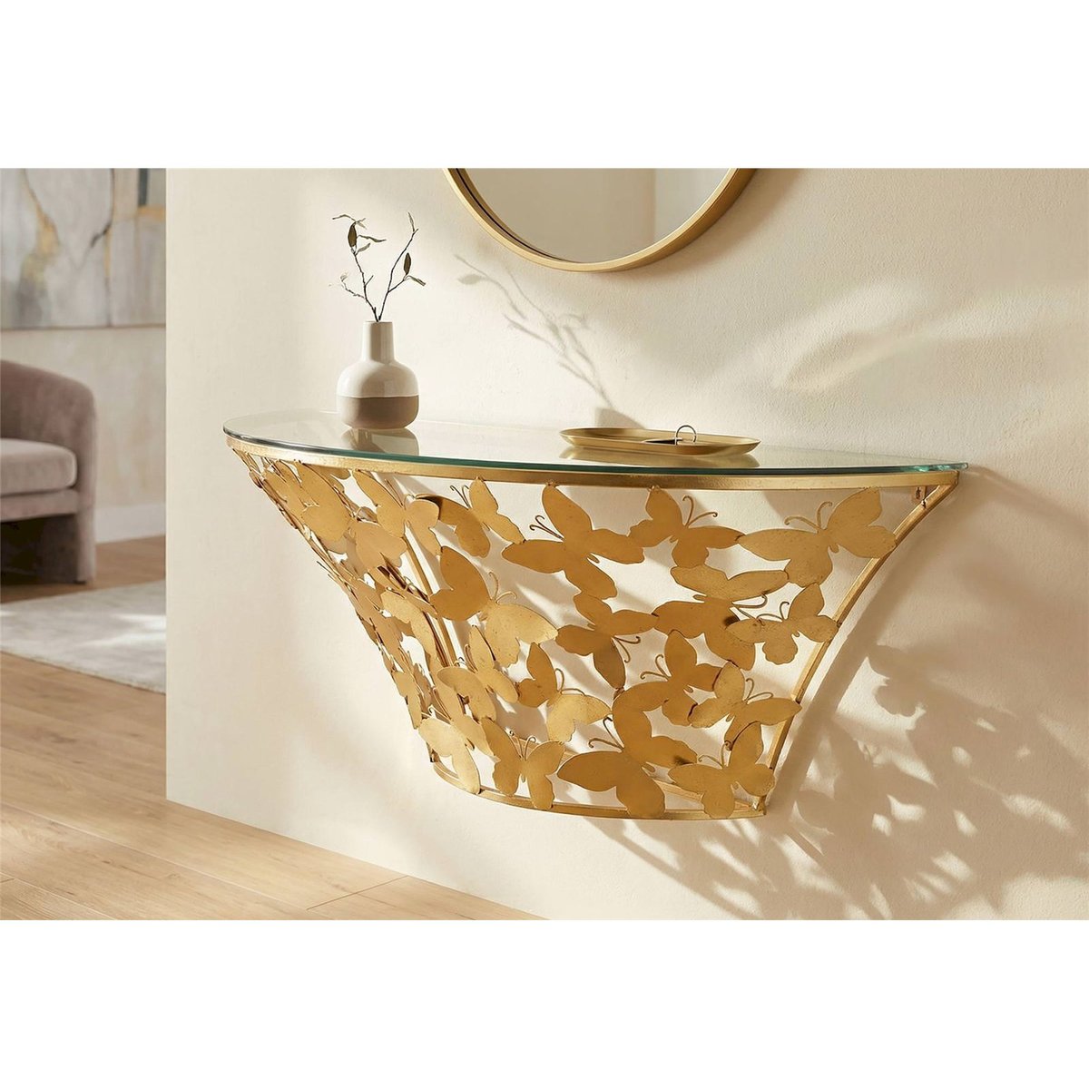 Console murale fer et verre papillons GLAM doré et transparent, RECOLLECTION