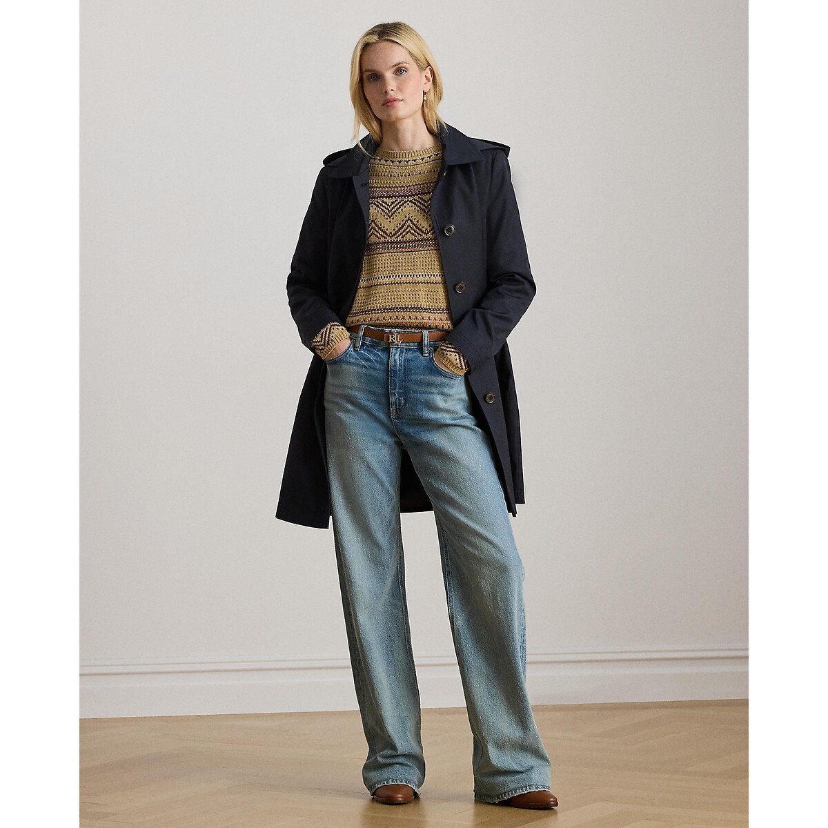 Trench long  fermeture boutonnée, mi-saison marine, LAUREN RALPH LAUREN