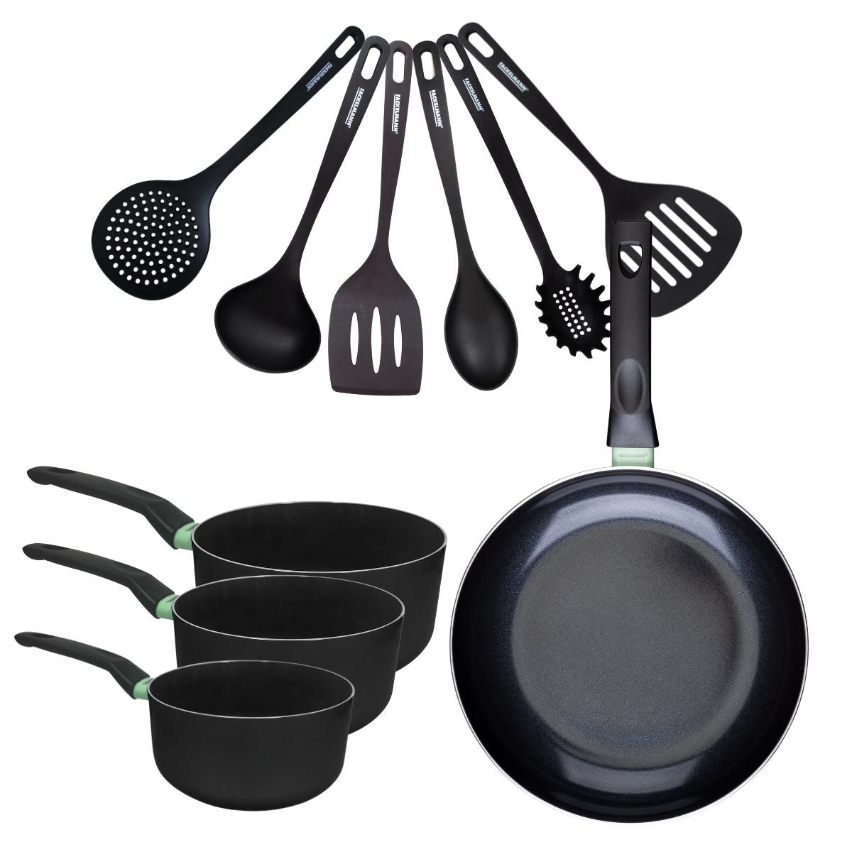 Batterie 1 poêle 28cm + 3 casseroles 16/18/20cm BRANDAO noir|vert, FACKELMANN
