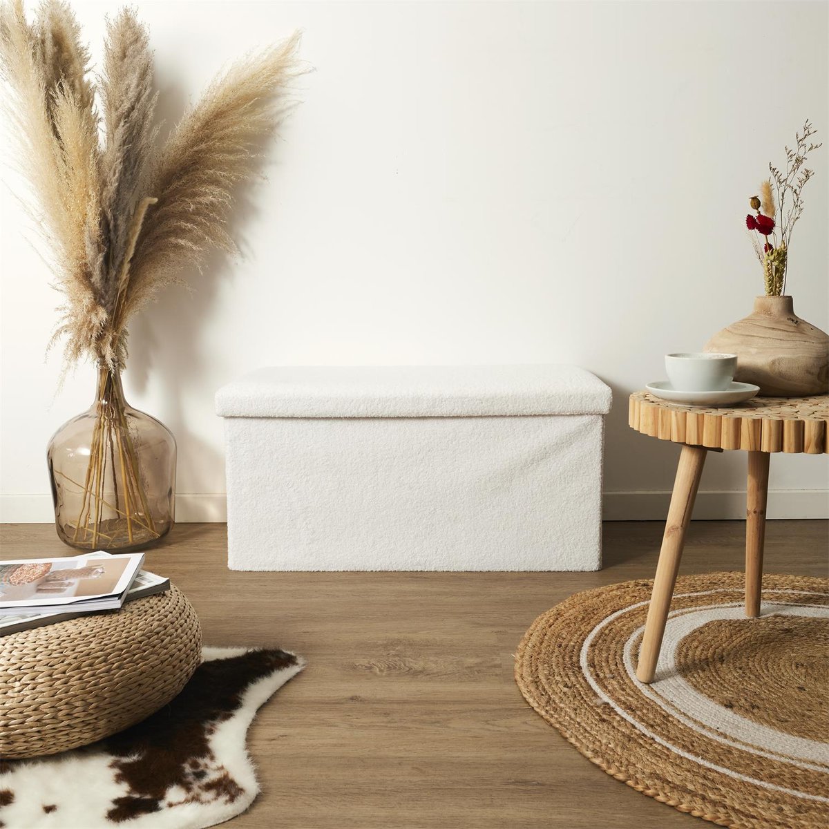Banc coffre pliable en bouclette blanc blanc, EDEN