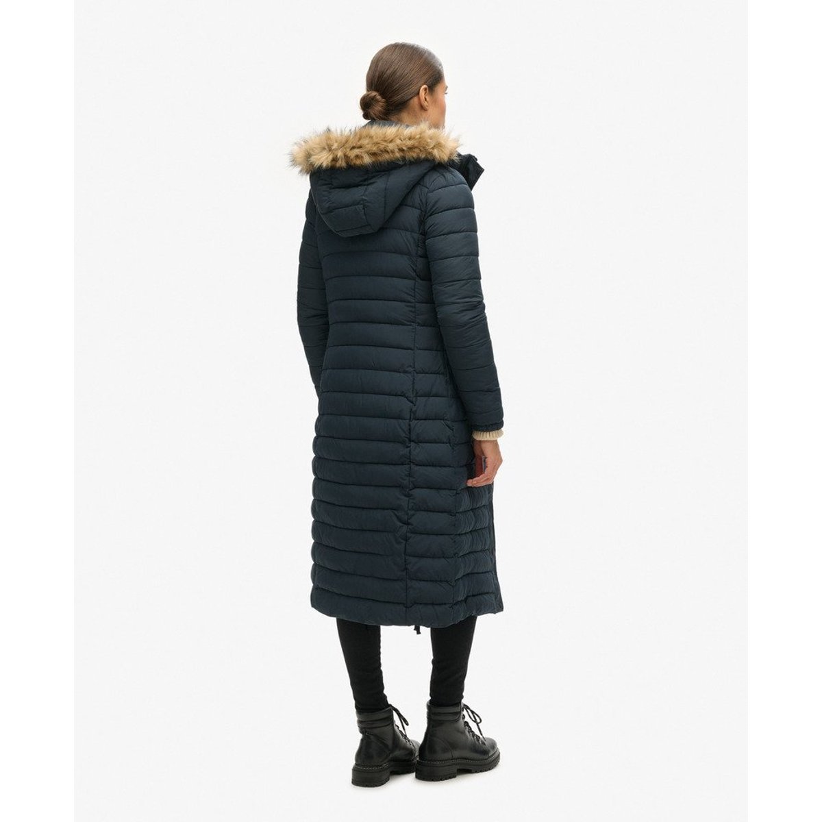 Doudoune longue et légère à capuche avec imitation fourrure bleu marine éclipse, SUPERDRY
