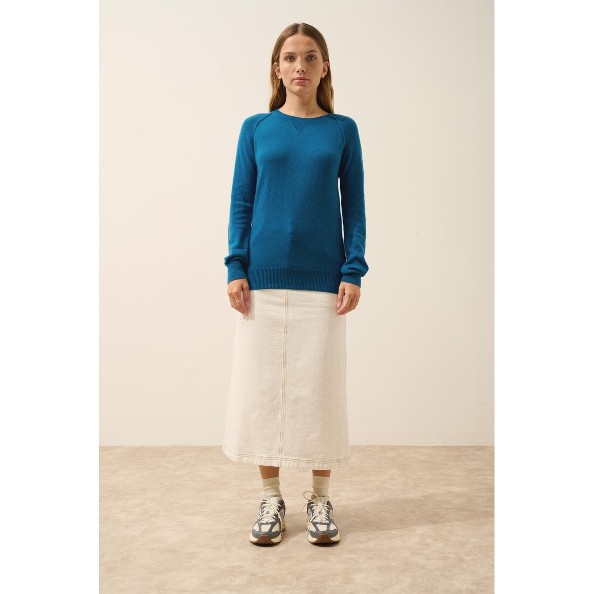 Pull Col Rond Paon Helen bleu vert, JUST CASHMERE