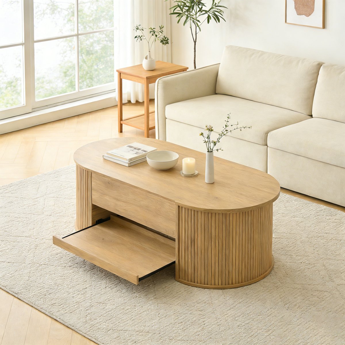 Table basse relevable panneaux courbes, CHESTNUT oak, MEUBLES COSY