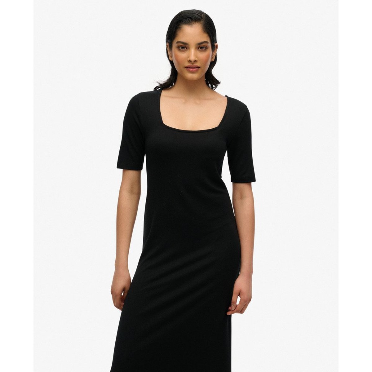 Robe mi-longue en jersey à manches courtes et encolure carrée noir, SUPERDRY