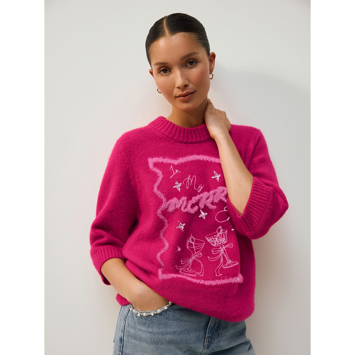 Pull slogan graphique rose vif merry era, NEXT