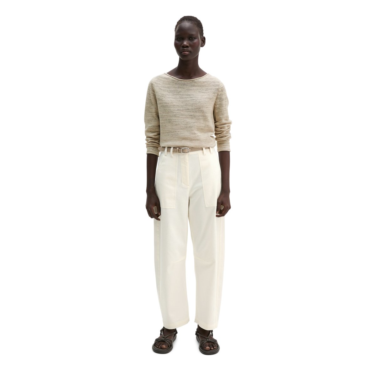Pull slub slim en mélange de lin et de coton beige, MARC O'POLO