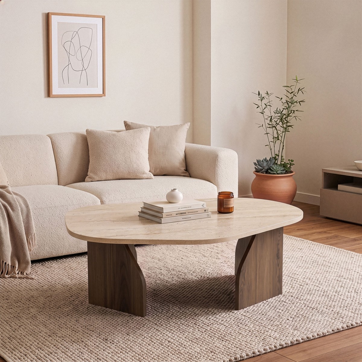 Table basse plateau de forme organique - ROCK noyer / travertin, CALICOSY