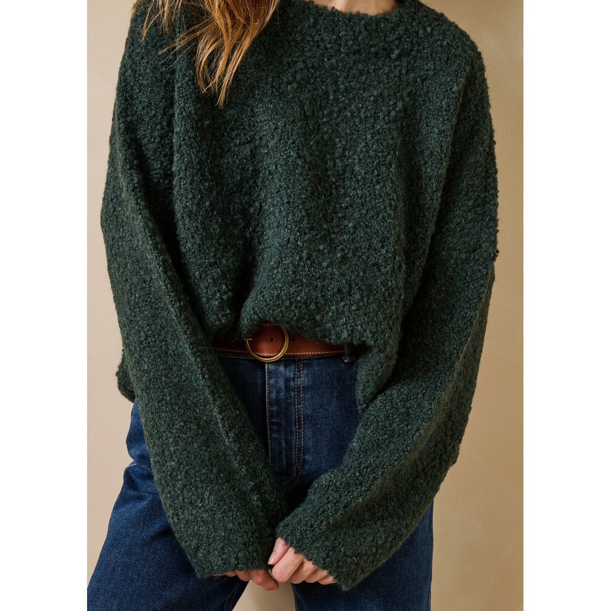 Pull oversize maille bouclette manches longues vert bouteille, LA FEE MARABOUTEE