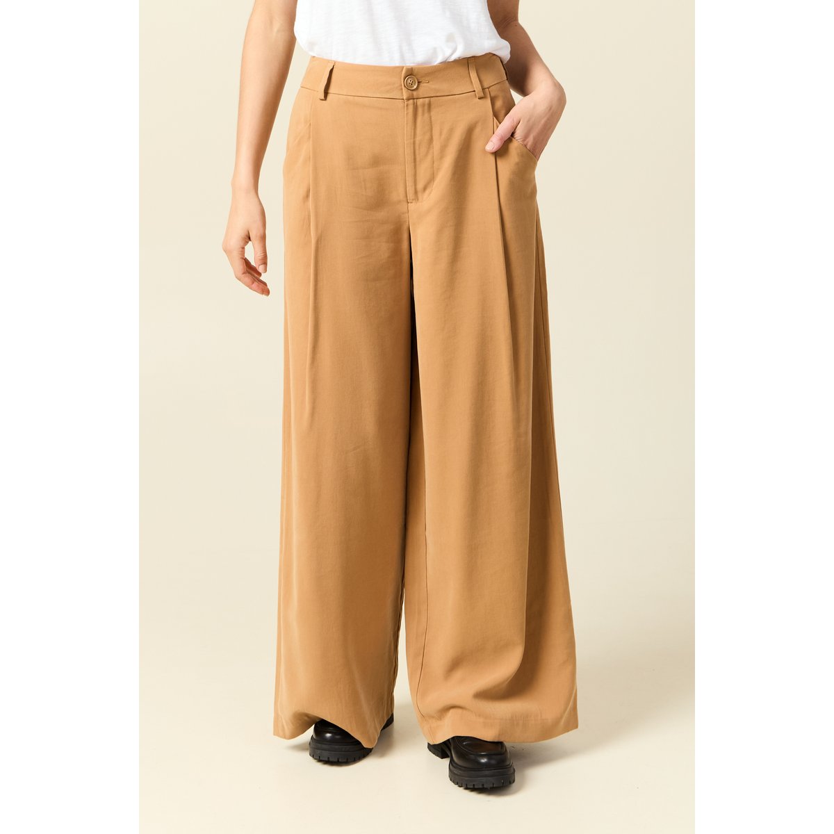 Pantalon large taille haute marron clair, BONOBO