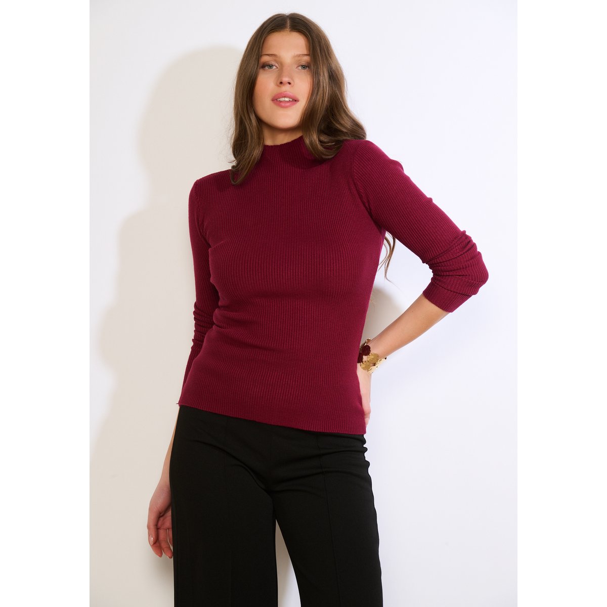 Pull côtelé col montant bordeaux wine, LOLALIZA