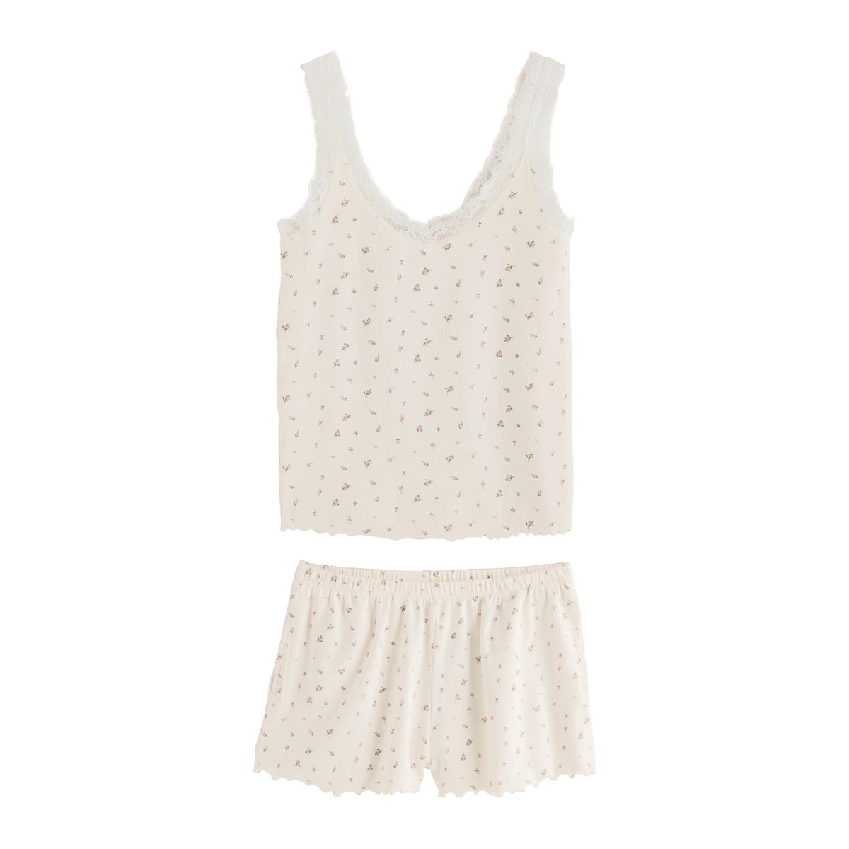 Pyjama short et caraco en dentelle coton rose/crème ditsy floral, NEXT