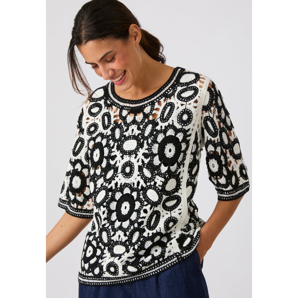 Pull effet crochet bicolore noir/blanc, DAMART