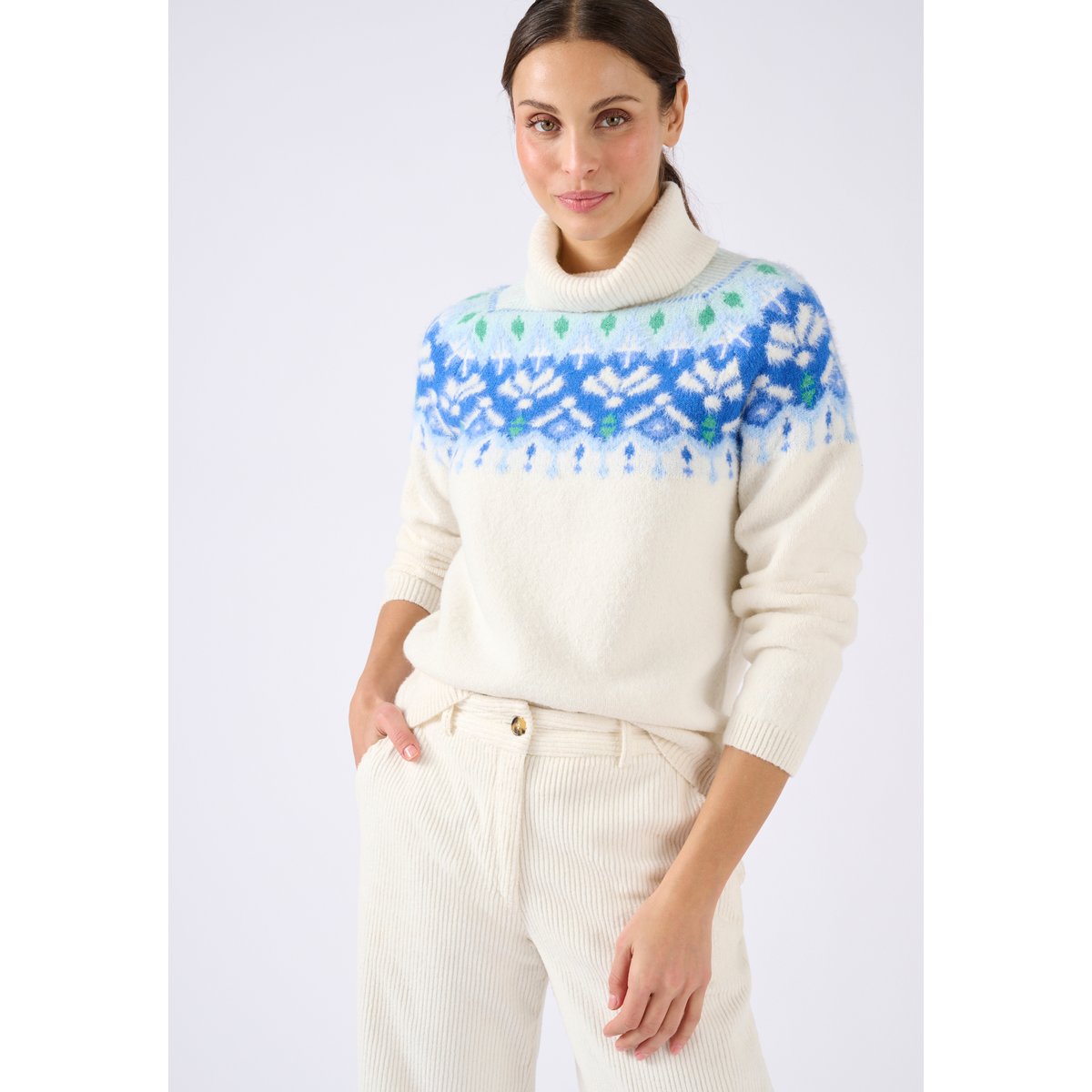 Pull jacquard col roulé Thermolactyl bleu jacquard, DAMART
