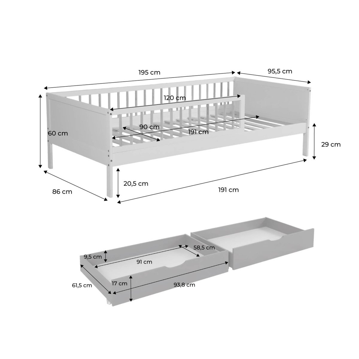 Lit enfant 90 x 190 cm pin naturel avec sommier à lattes et tiroirs ELIO blanc, SWEEEK