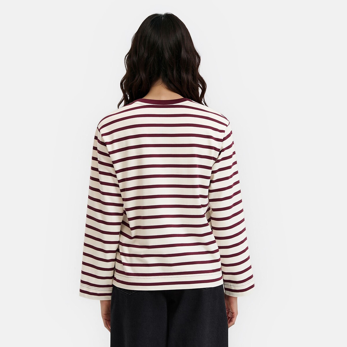 Camiseta a rayas, cuello redondo, manga larga rayas burdeos/blanco, LA REDOUTE COLLECTIONS
