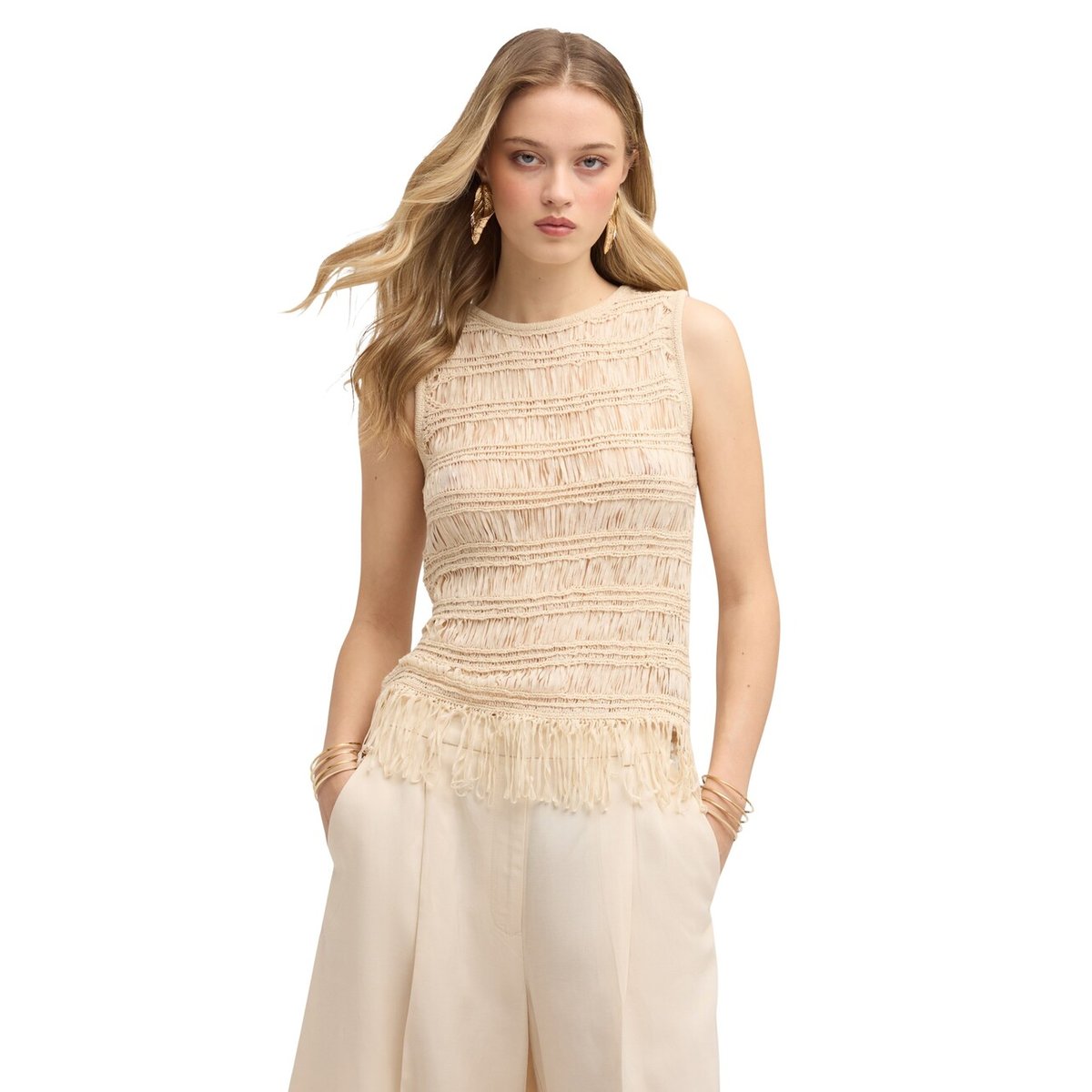 Top macramé à franges beige, MOTIVI