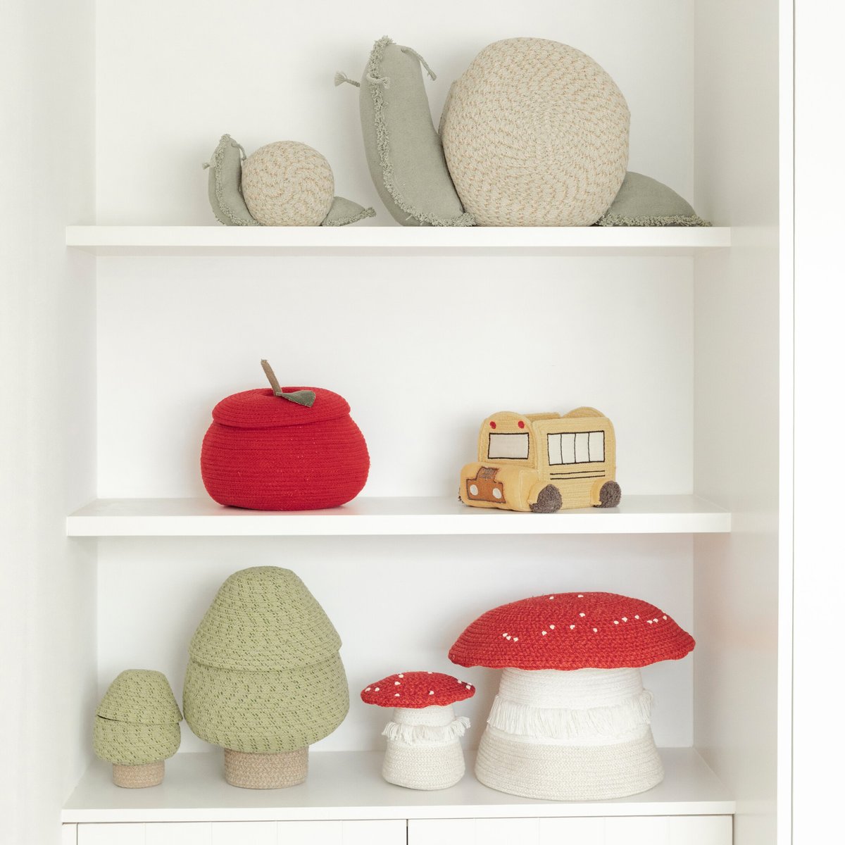 Champignons en panier BACK TO SCHOOL rouge, terre cuite neuve, aubergine, rouge vintage, rouge érable, ivoire, naturel, LORENA CANALS