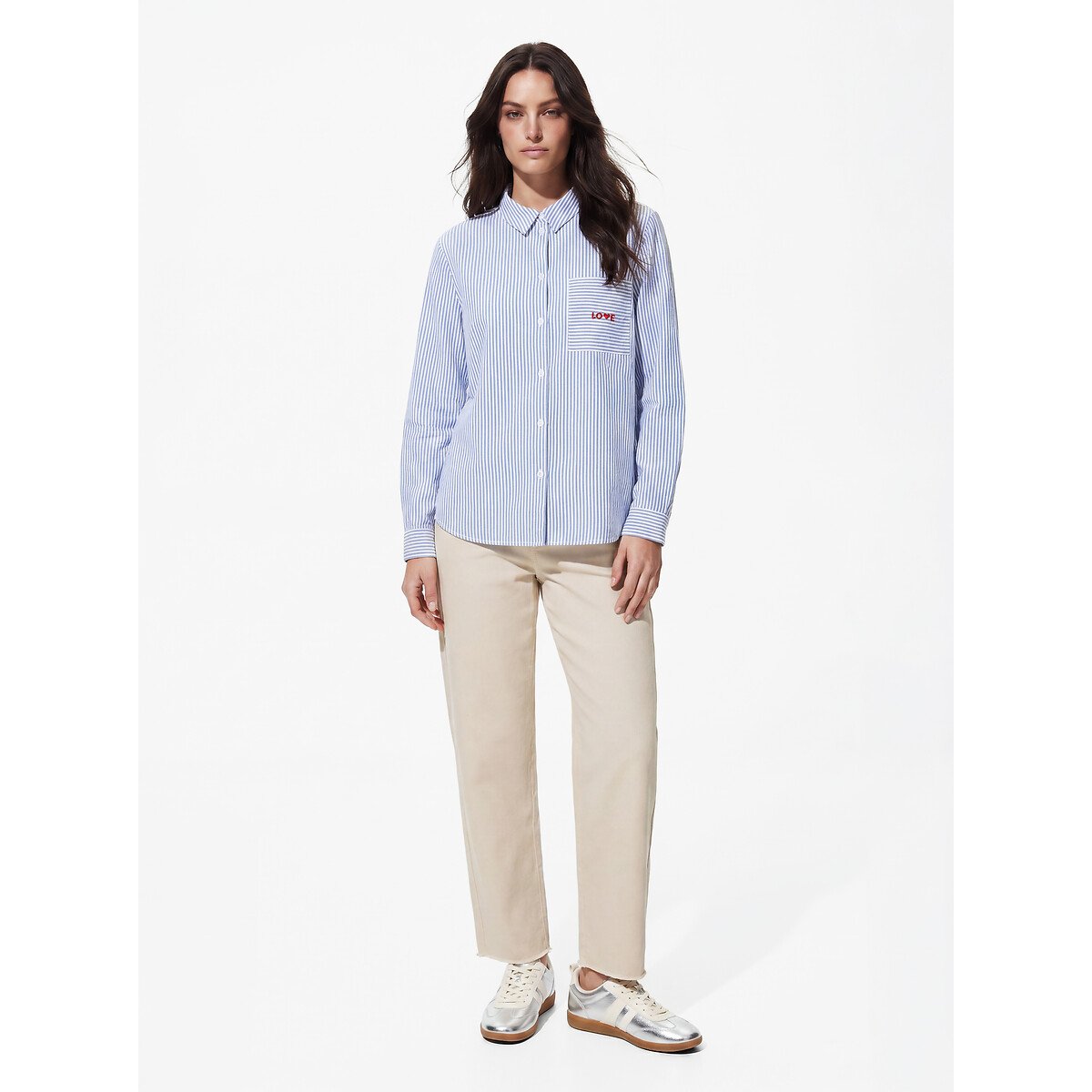 Gestreept shirt met opschrift op de borst blauw/wit, PIECES