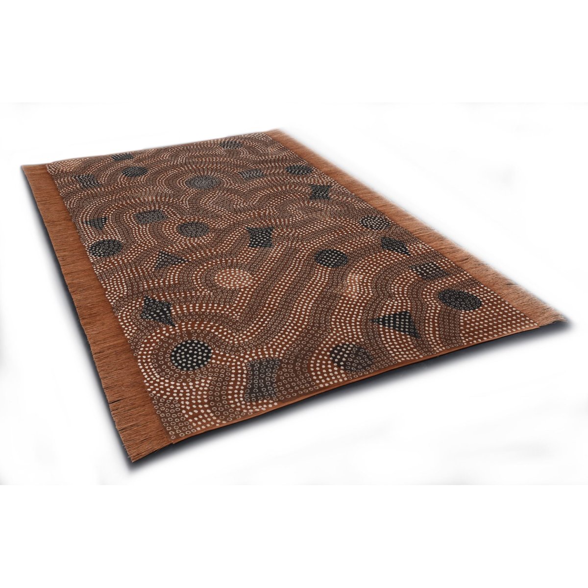 Tapis salon Bogolan fait main, plat, franges rouille, THEKO