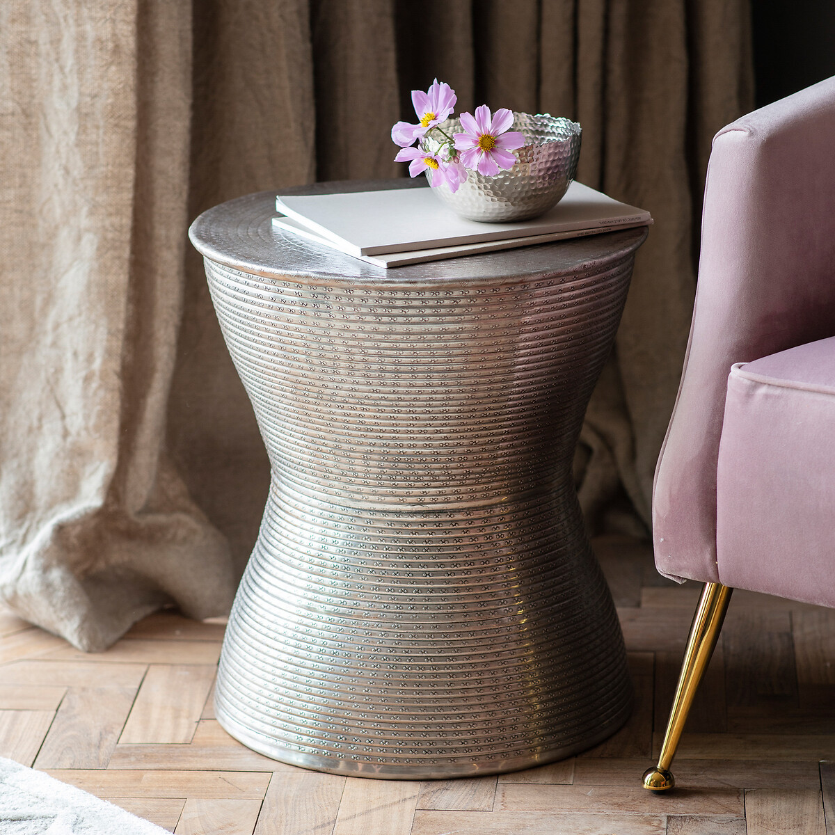Kolar Antique Embossed Drum Side Table silver-coloured, SO'HOME