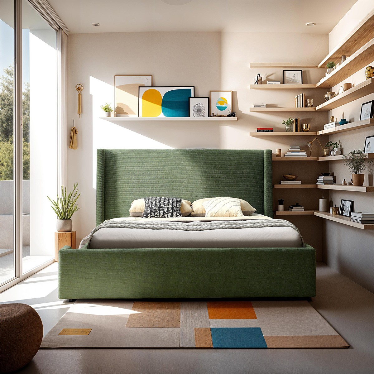 Lit avec tête de lit matelassée en velours côtelé - FRIDA vert kaki, HOMIFAB