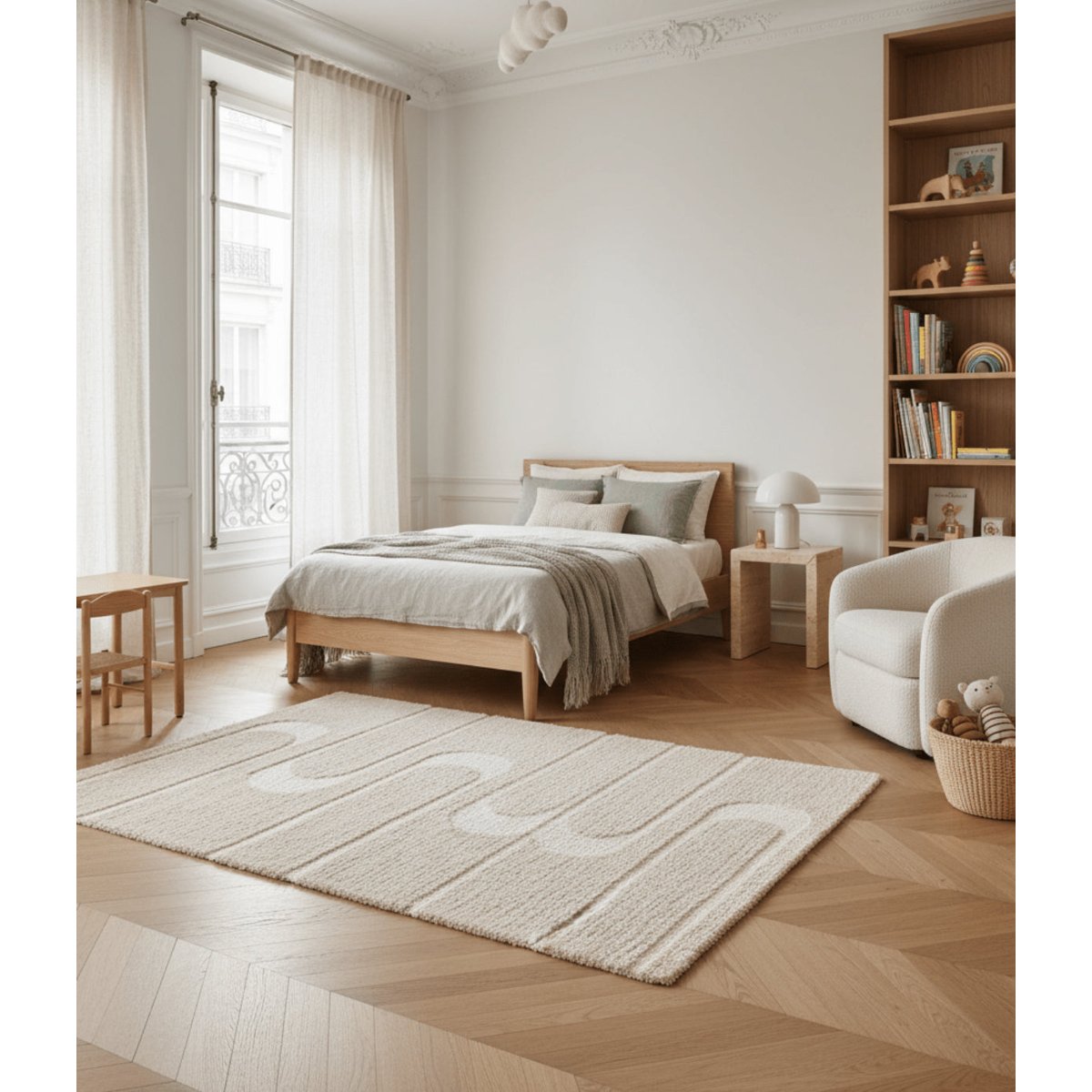 Tapis doux et épais en polyester recyclé effet relief CALLIGRAMME beige sable, AFK LIVING