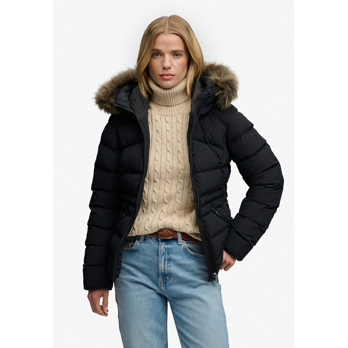 Chaqueta acolchada con capucha de pelo Fuji negro, SUPERDRY