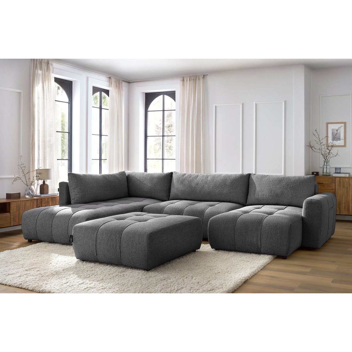 Canapé panoramique convertible 6 places en tissu chiné avec pouf, ARSENE gris foncé, BOBOCHIC