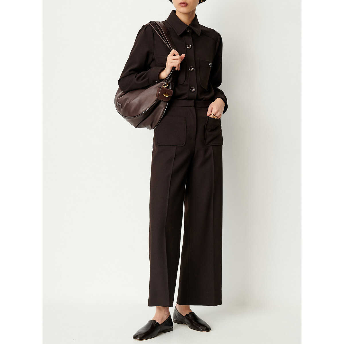 Pantaloni larghi a vita alta 7/8, ALBERWOOL ebano, SESSUN