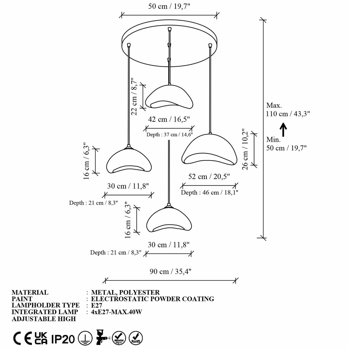 Suspension design organique 4 abat-jour NOXIS blanc, PIER IMPORT