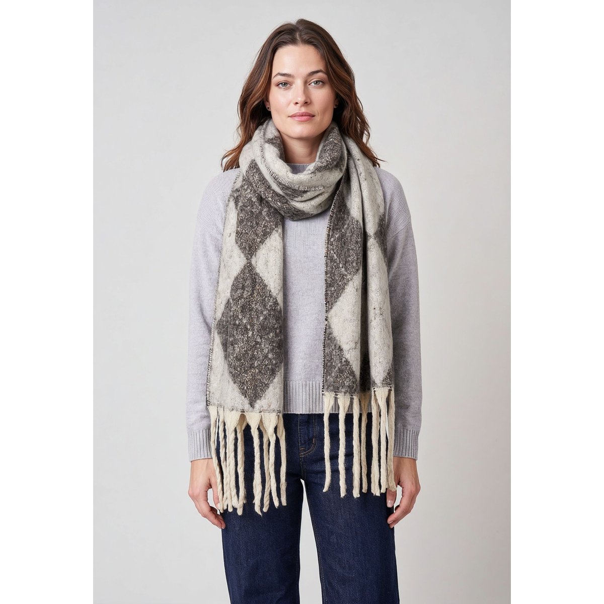 Echarpe femme motif graphique losange CAMIE grey, DEELUXE