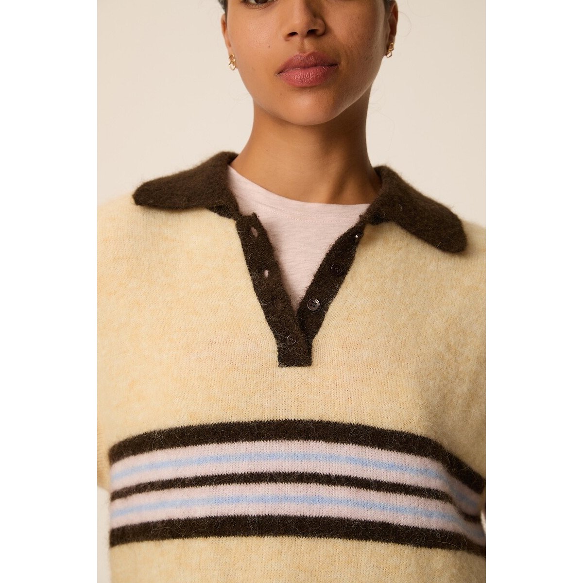 Pull sans manches col polo à rayures, BERNI crème, DES PETITS HAUTS