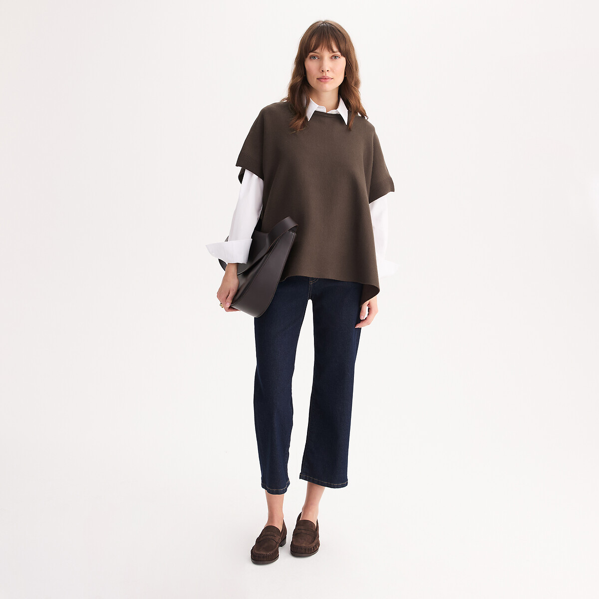 Poncho con cuello redondo de punto Milán marrón, ANNE WEYBURN