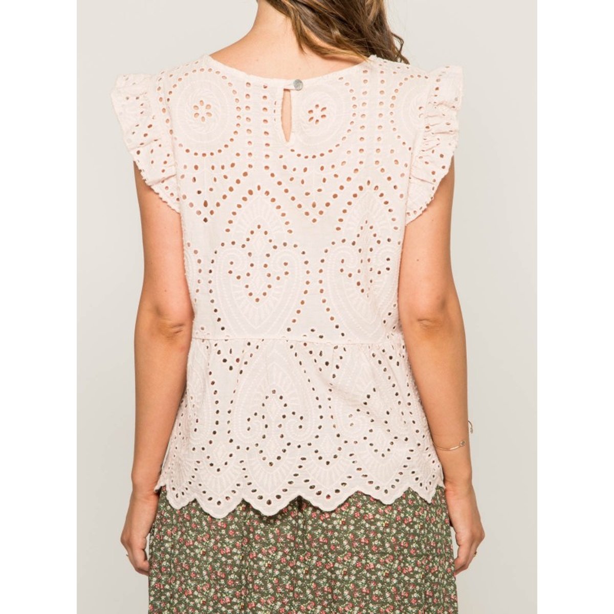 Top Col Rond Broderies Anglaises Foue rose, DONA LISA