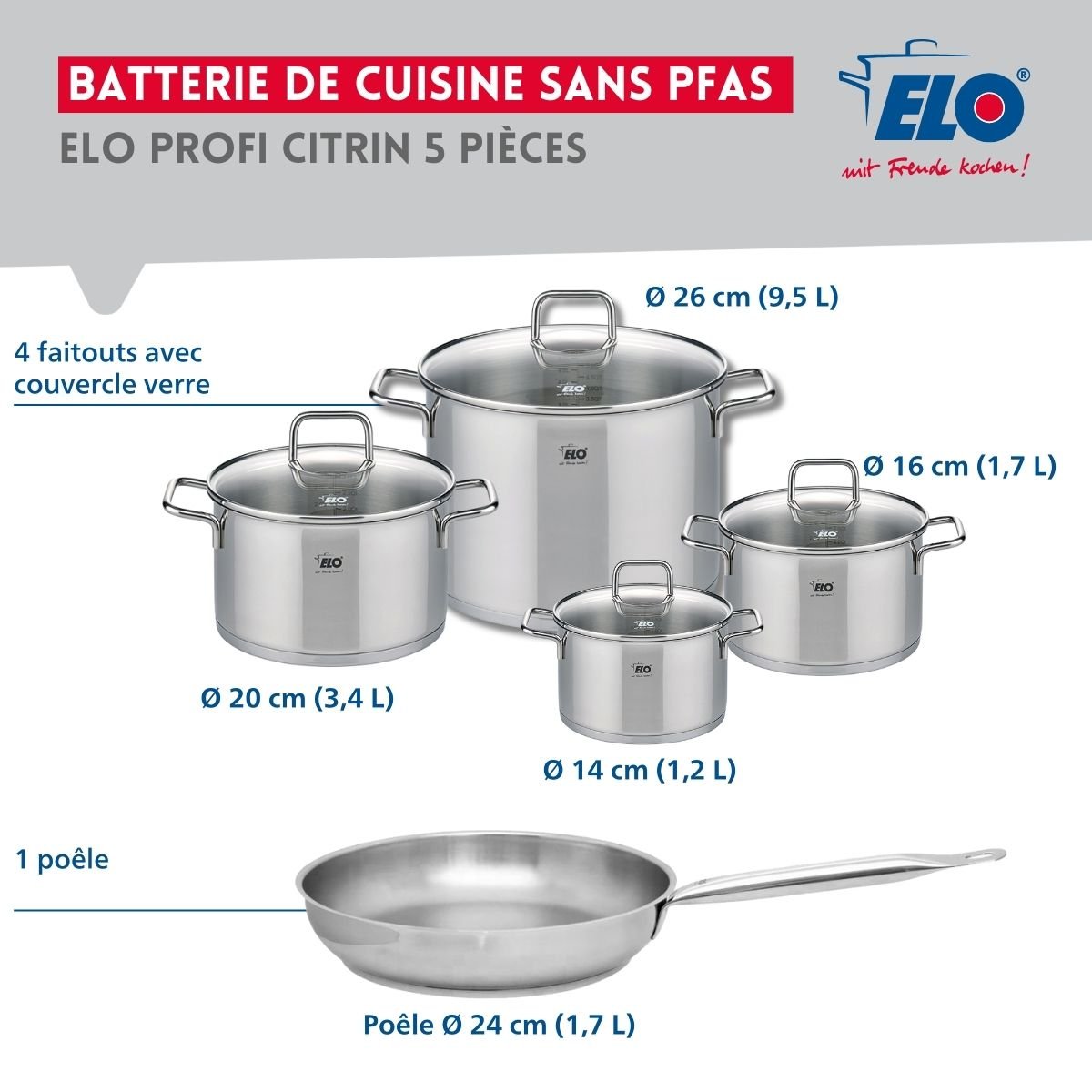 Batterie 1 poêle 24cm + 4 faitouts 14/16/20/26cm PROFI CITRIN gris, ELO