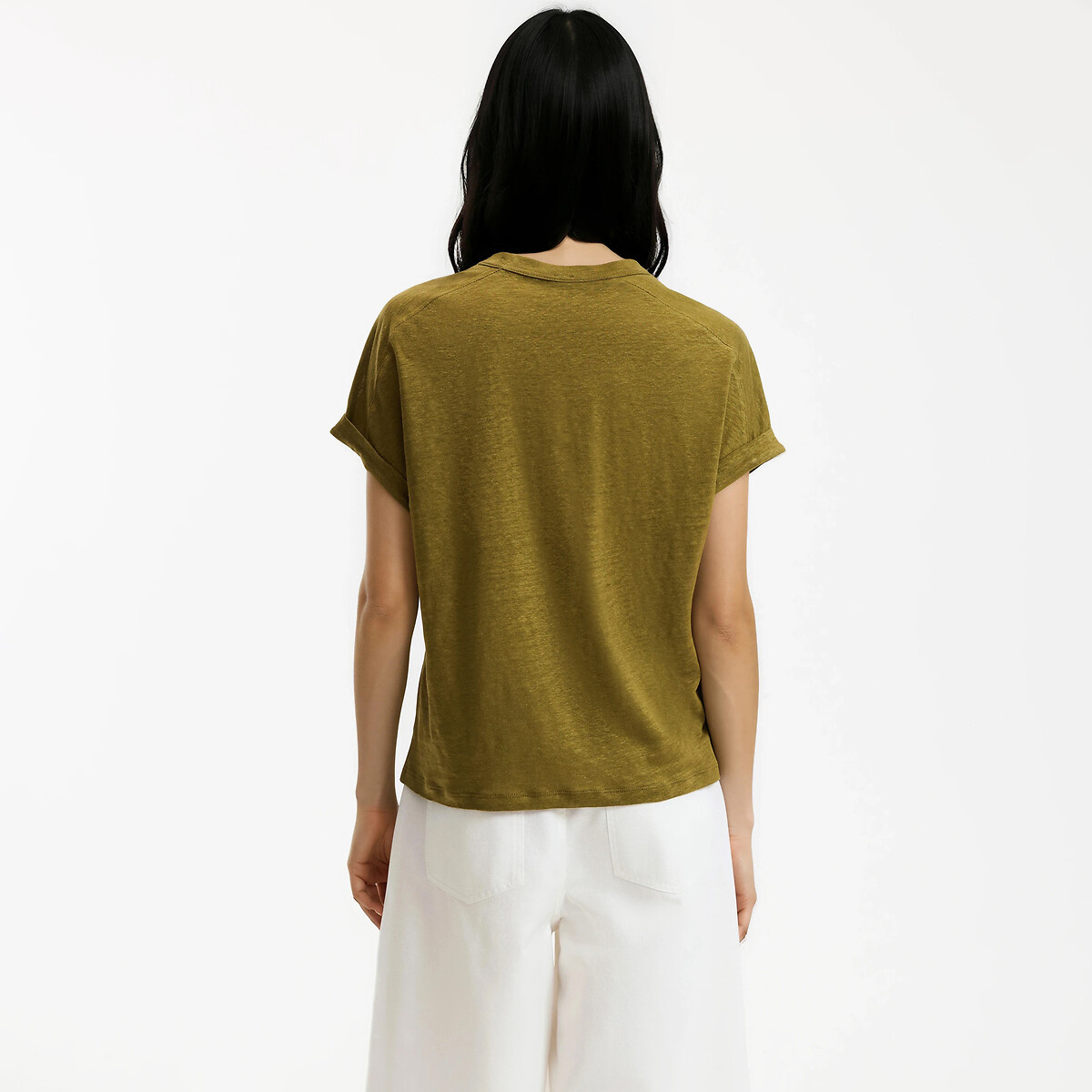 T-shirt col rond, à manches courtes, en lin vert kaki, LA REDOUTE COLLECTIONS