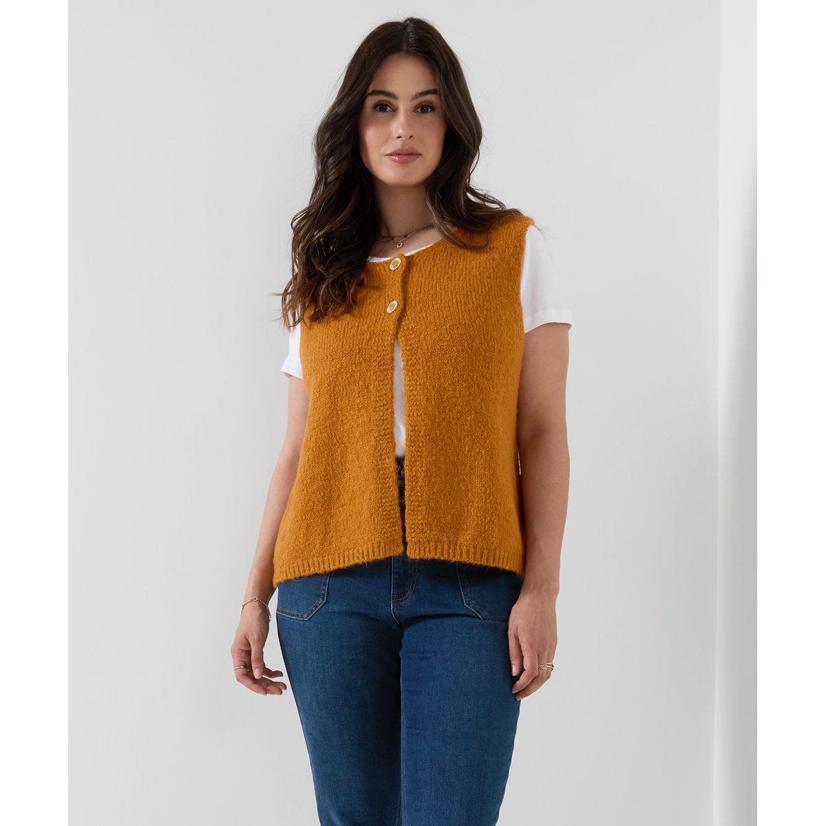 Pull Sans Manches en Maille à Double Boutonnage Loretta jaune, JOE BROWNS
