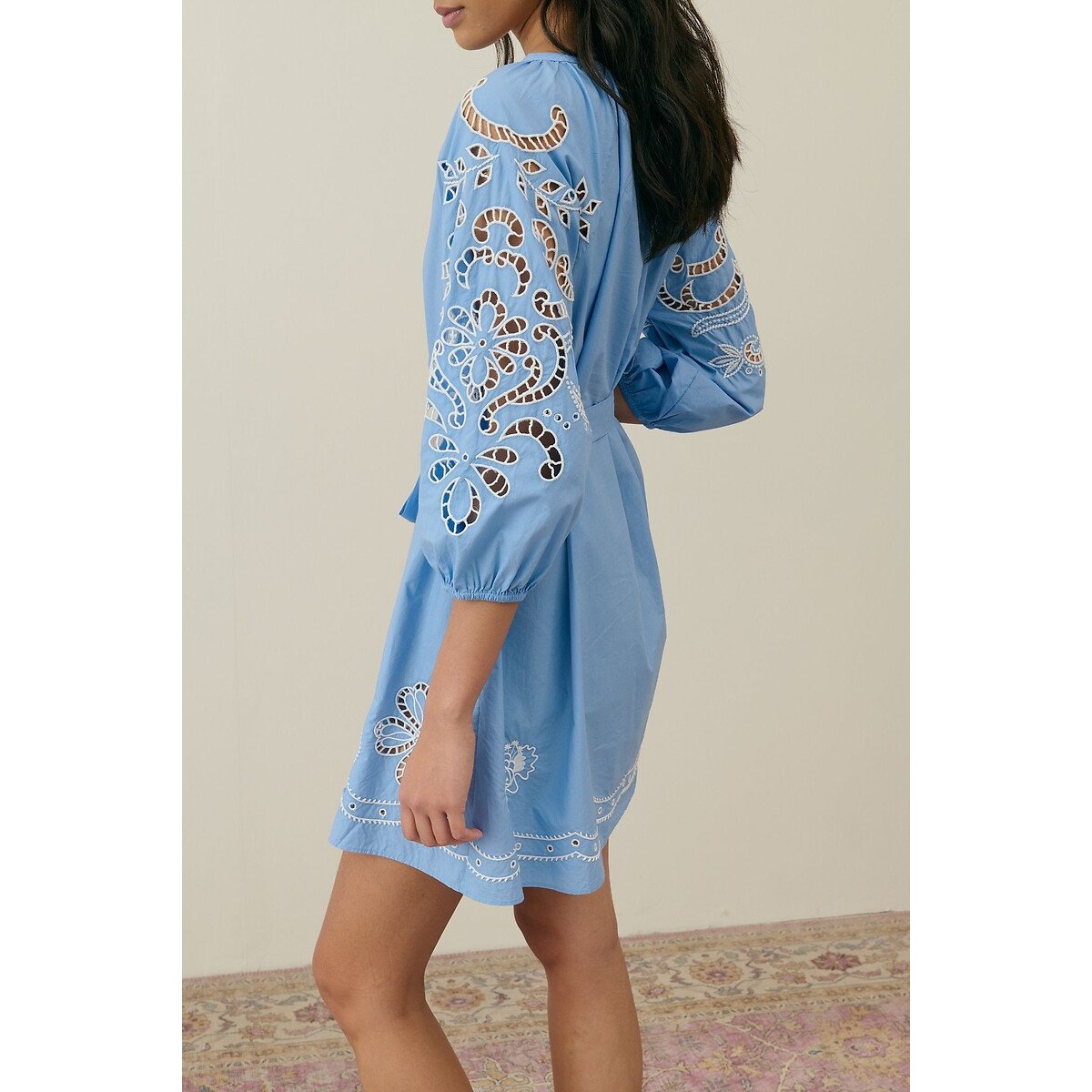 Rinala Embroidered Mini Dress with Crew Neck and 3/4 Length Sleeves blue striped, LOUISE MISHA