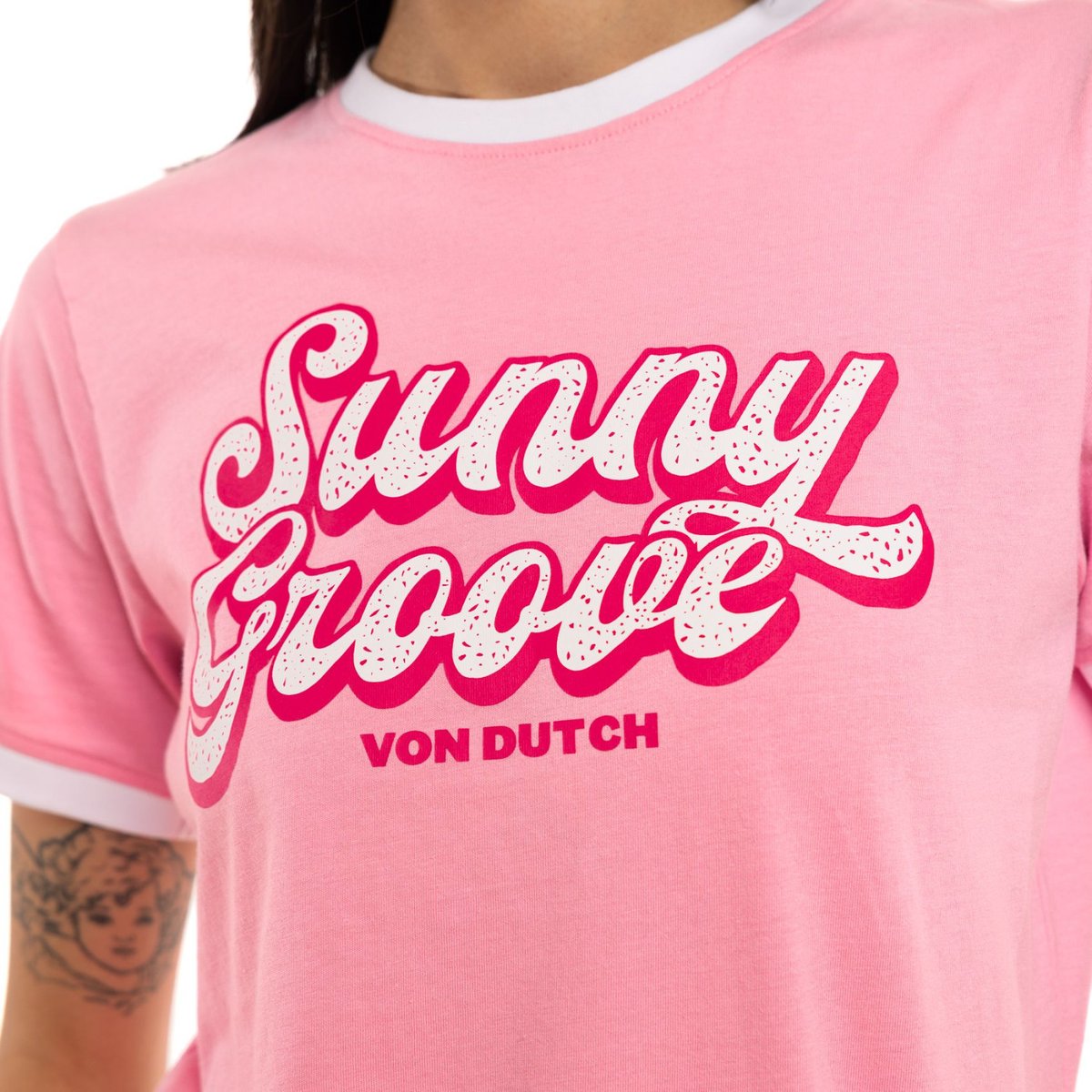 Tee Shirt en coton GROOVY rose/blanc, VON DUTCH