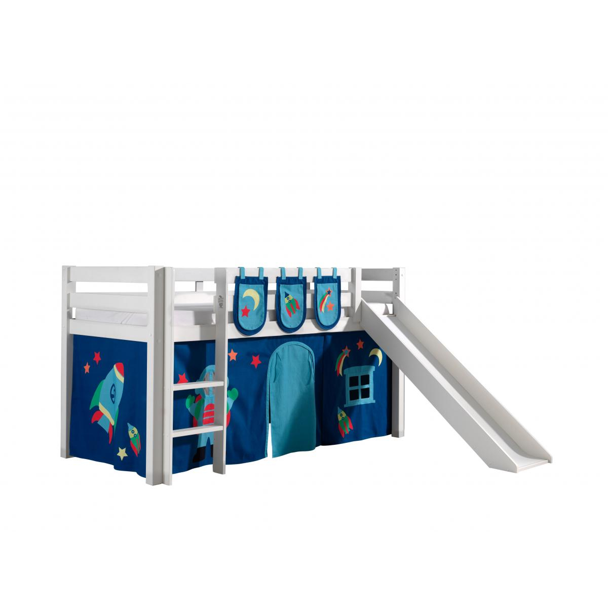 PINO Lit mezzanine avec toboggan + Space rideau de lit et 3 pochettes couleur unique, VIPACK