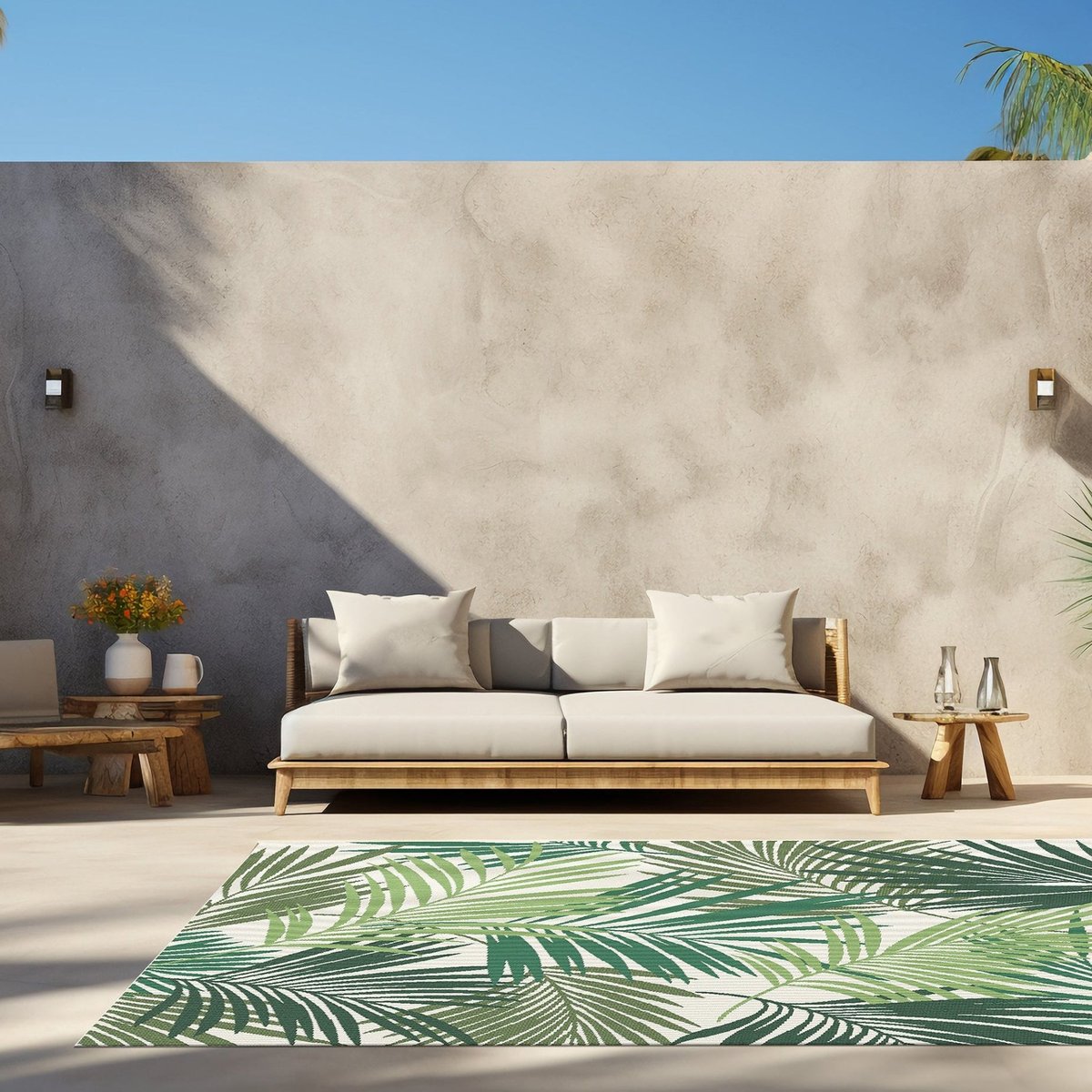 Tapis intérieur-extérieur avec feuilles de palmier TROPICAL vert naturel, AFK LIVING