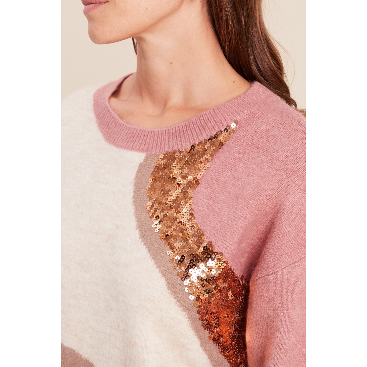 Pull col rond manches longues à sequins taupe, BREAL
