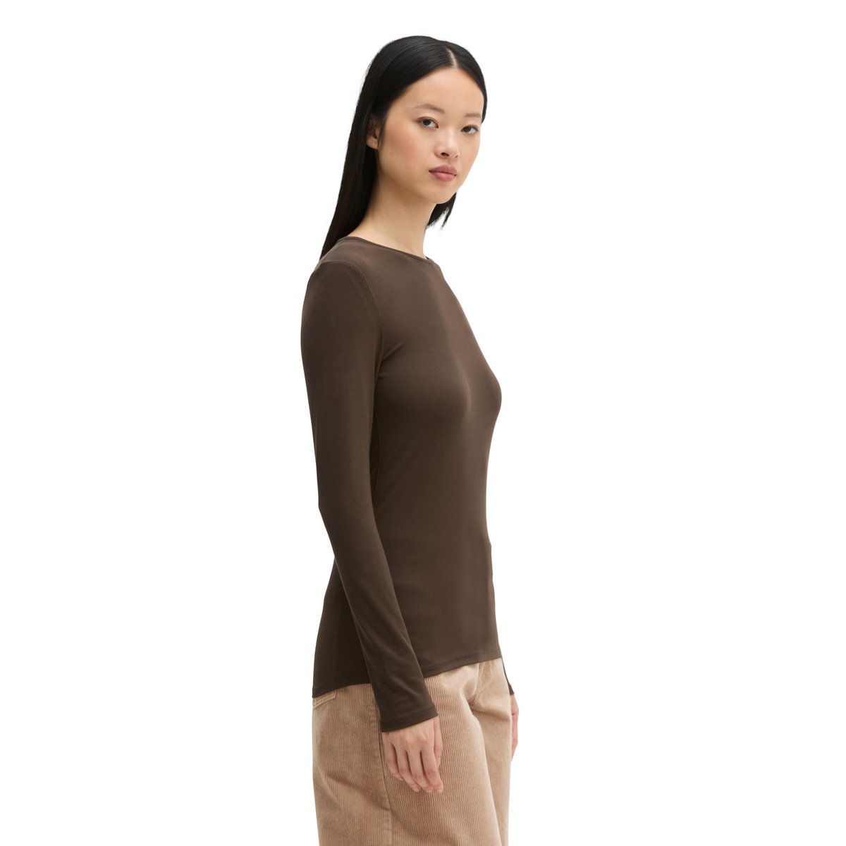 T-shirt à manches longues ajusté en TENCEL™ Modal extensible marron, MARC O'POLO