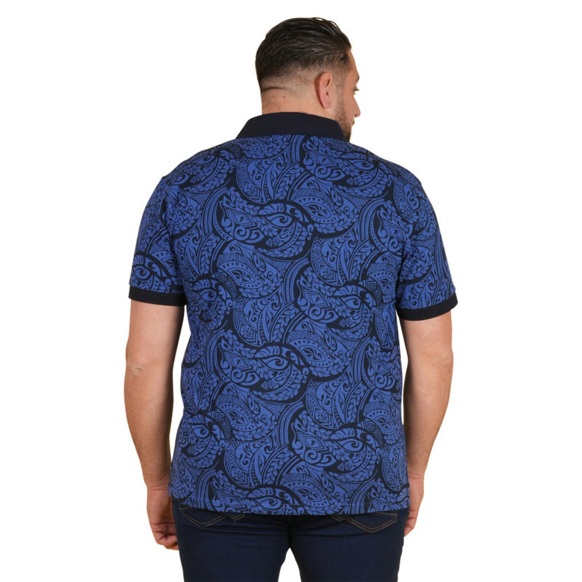 Polo en coton biologique bleu imprimé pourvu d'un col boutonné bleu, RUCKFIELD