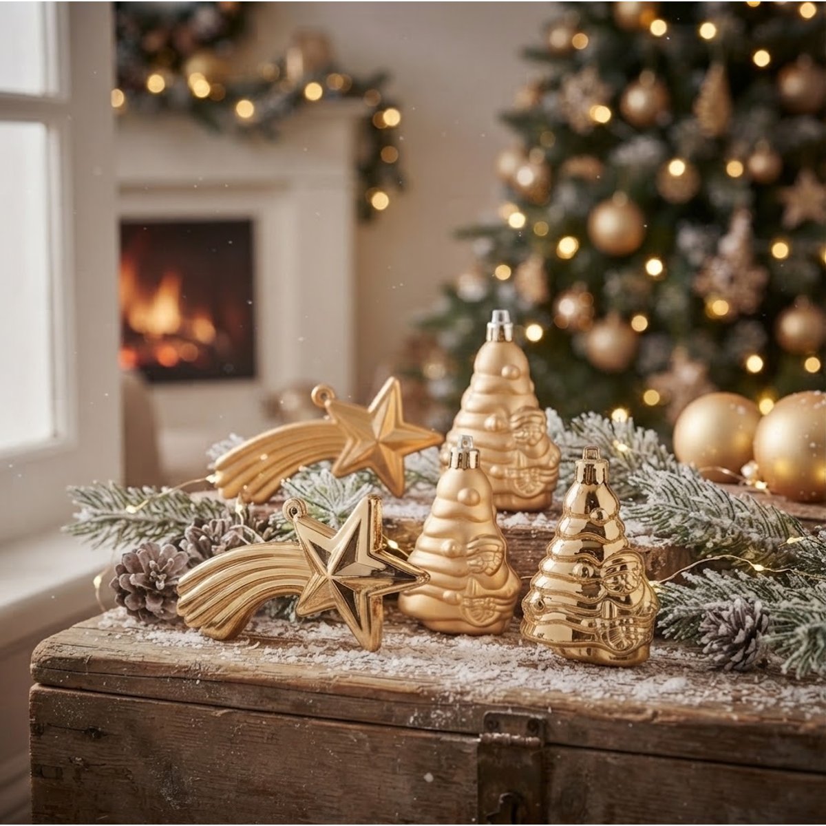 Lot de 4 Boules de Noël 2 Sapins et 2 Étoiles Brillant et Mat or, EDEN